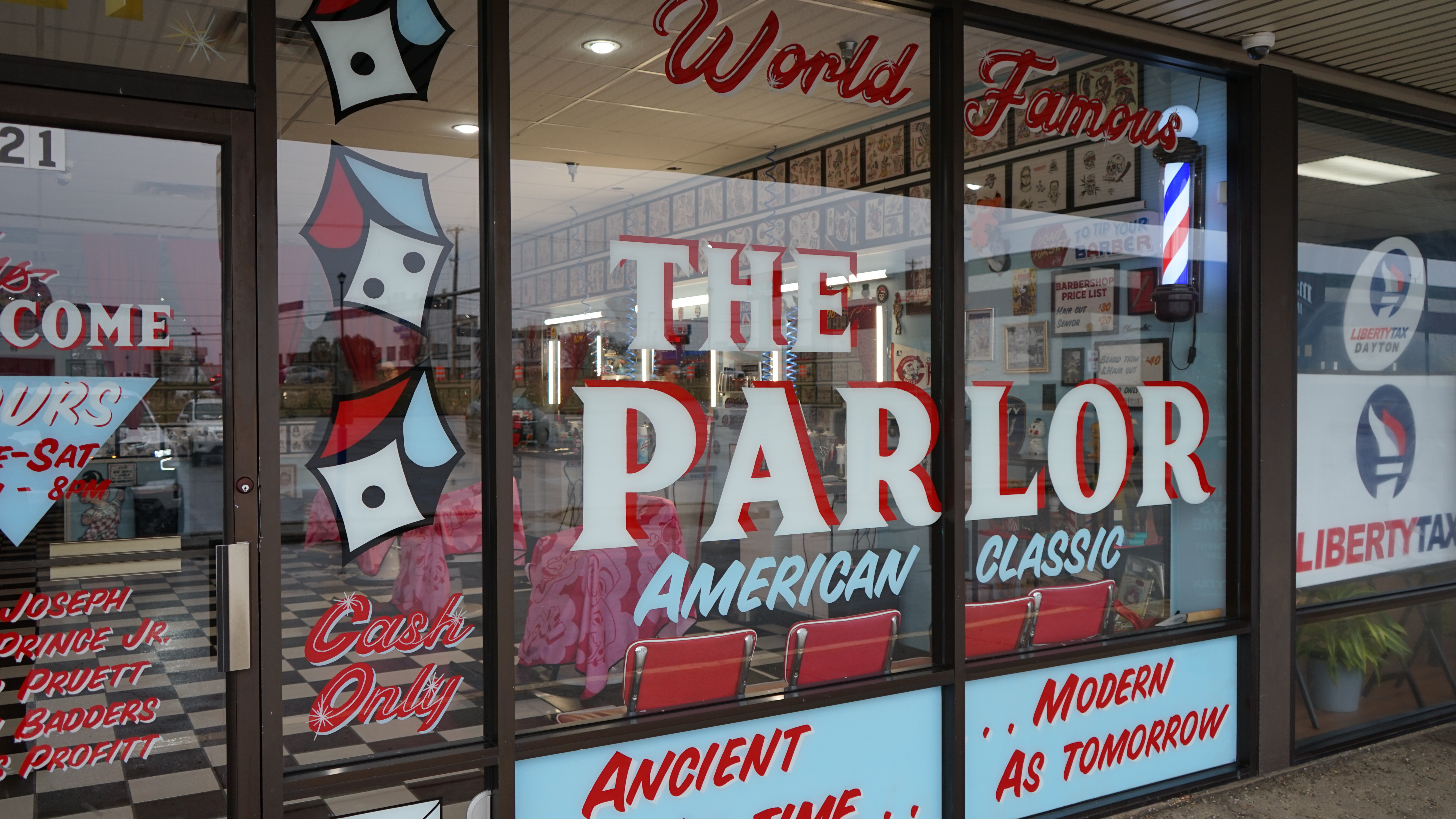 The Parlor barber and tattoo shop storefront, Miamisburg Ohio